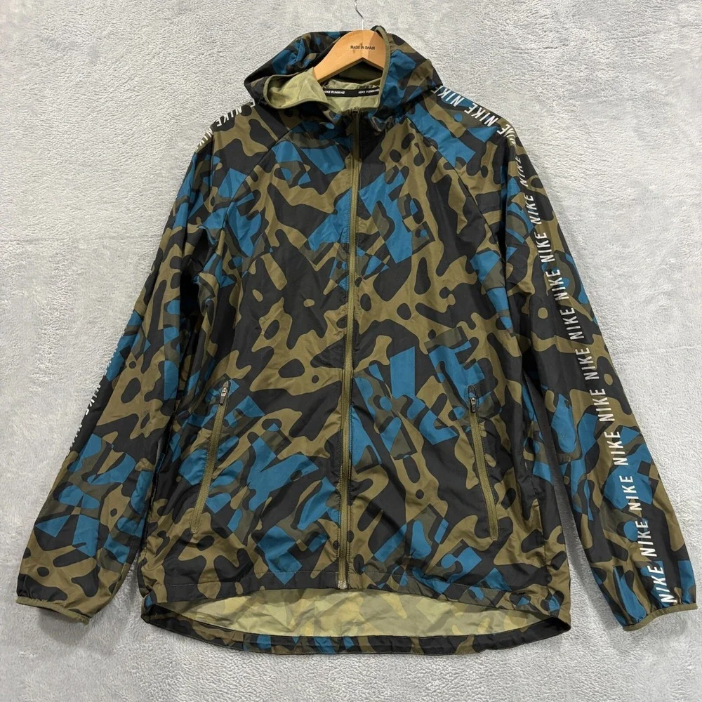 NIKE Running‎ Essentials Jacket Men M Green Blue Camo Reflective Print Hooded